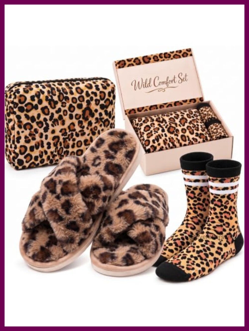 Faux Fur Leopard Slippers & Sock Gift Set Fuzzy House Shoes